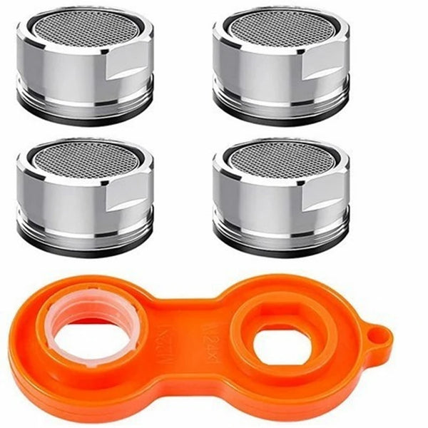 A set of four stainless steel faucet aerators and an orange rubber cleaning ring.
