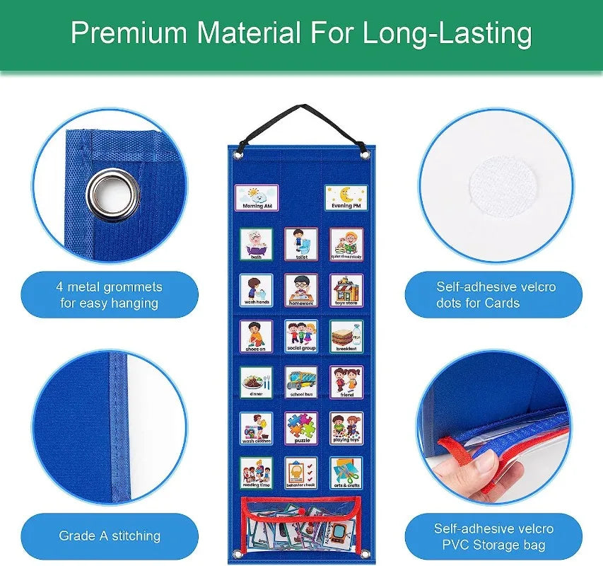 Blue storage bag with multiple visual cards for daily routine and chore charts