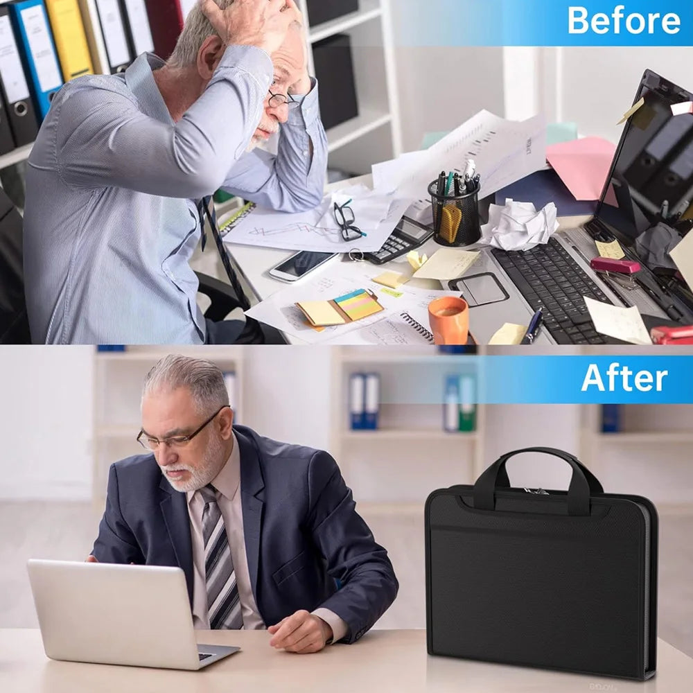 Before and after comparison showing a person organizing documents with a fireproof waterproof document organizer bag.