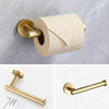 A set of four stainless steel bathroom accessories including a toilet paper holder, towel ring, and hooks.