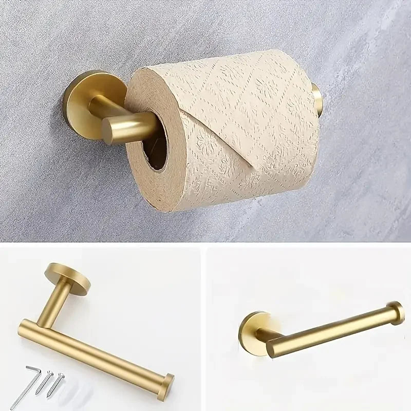 A set of four stainless steel bathroom accessories including a toilet paper holder, towel ring, and hooks.