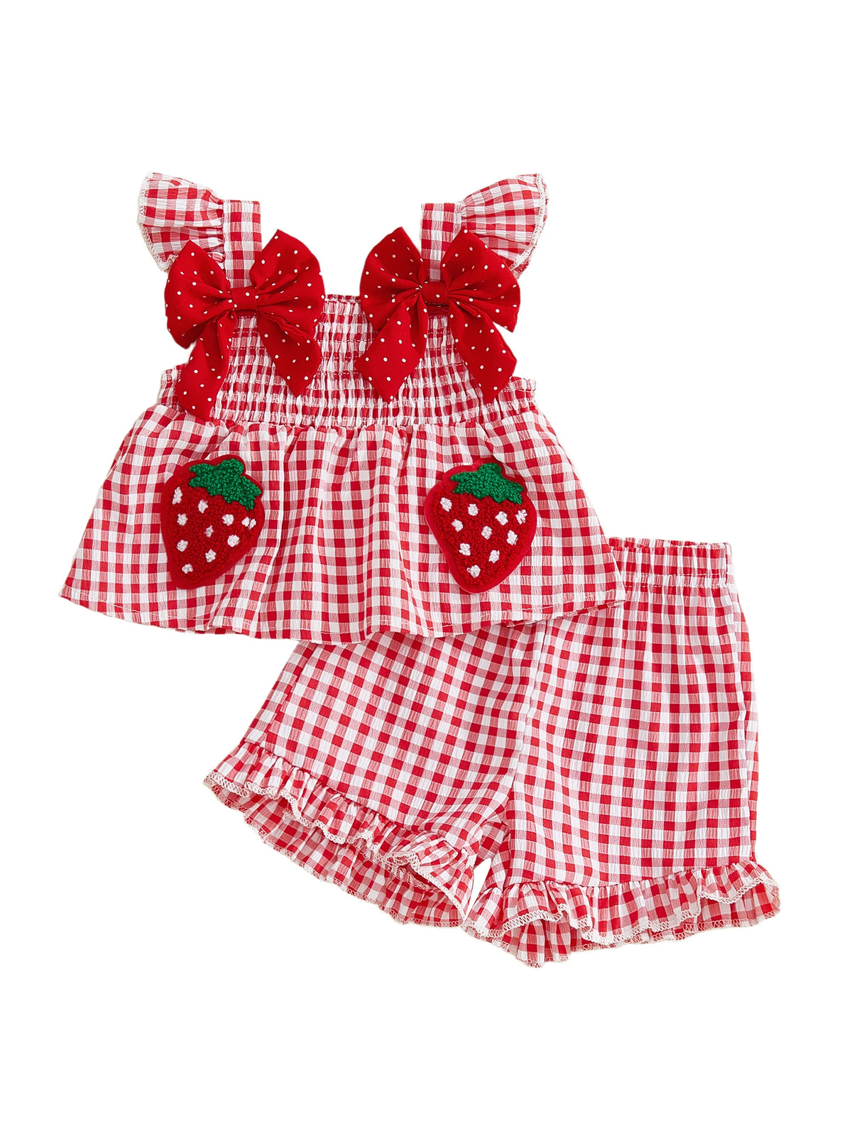 Strawberry Embroidered Plaid Tank Top and Shorts Set for Toddler Girls