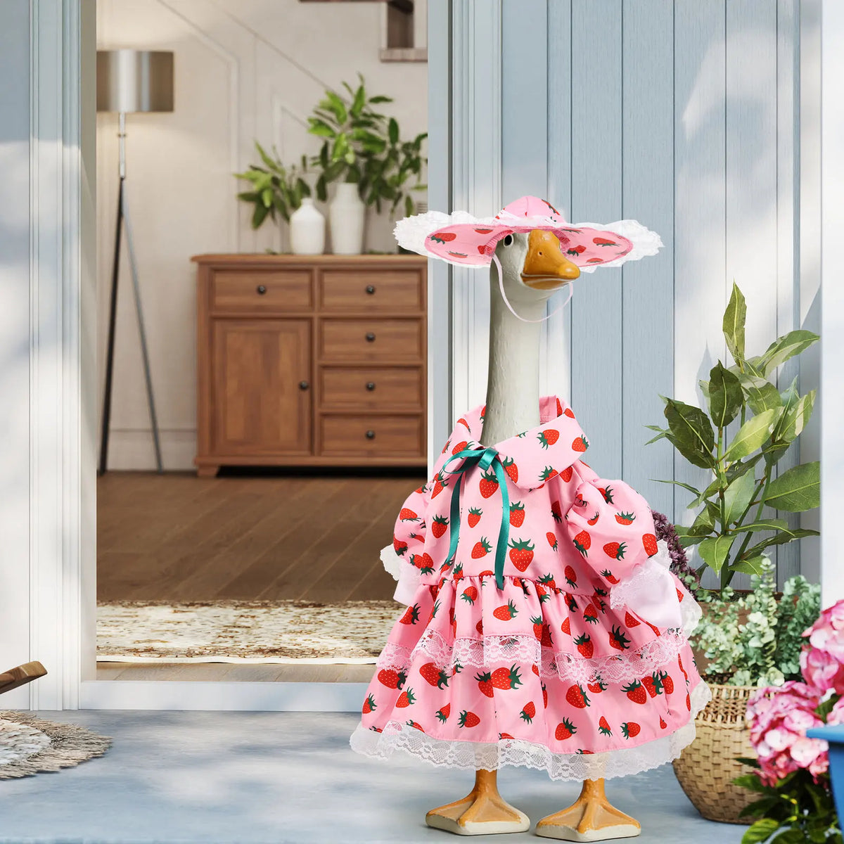 A pink and green strawberry-themed goose costume featuring a bonnet and ruffled skirt standing on a wooden base.
