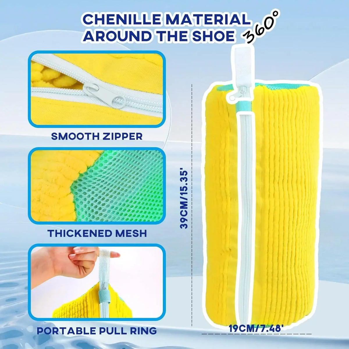 Yellow reusable shoe washing bag with a smooth zipper, thickened mesh, and portable pull ring.