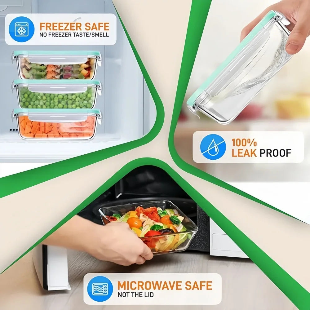 Rectangular borosilicate glass lunch box with airtight lid shown in various food preparations and usage contexts.