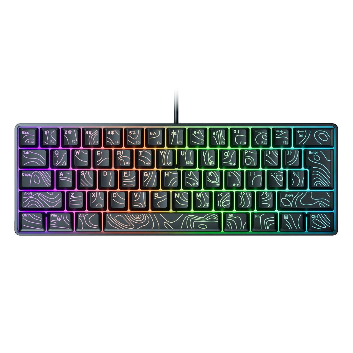 RGB-Gaming-Tastatur mit verschiedenen Tasten und beleuchteter Anordnung mit mehreren Farbzonen