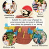 A red pirate-themed game piece is shown with surrounding images depicting parent interaction, a game festival, and friends in