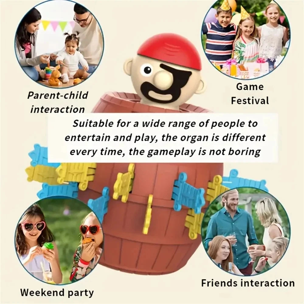 A red pirate-themed game piece is shown with surrounding images depicting parent interaction, a game festival, and friends in