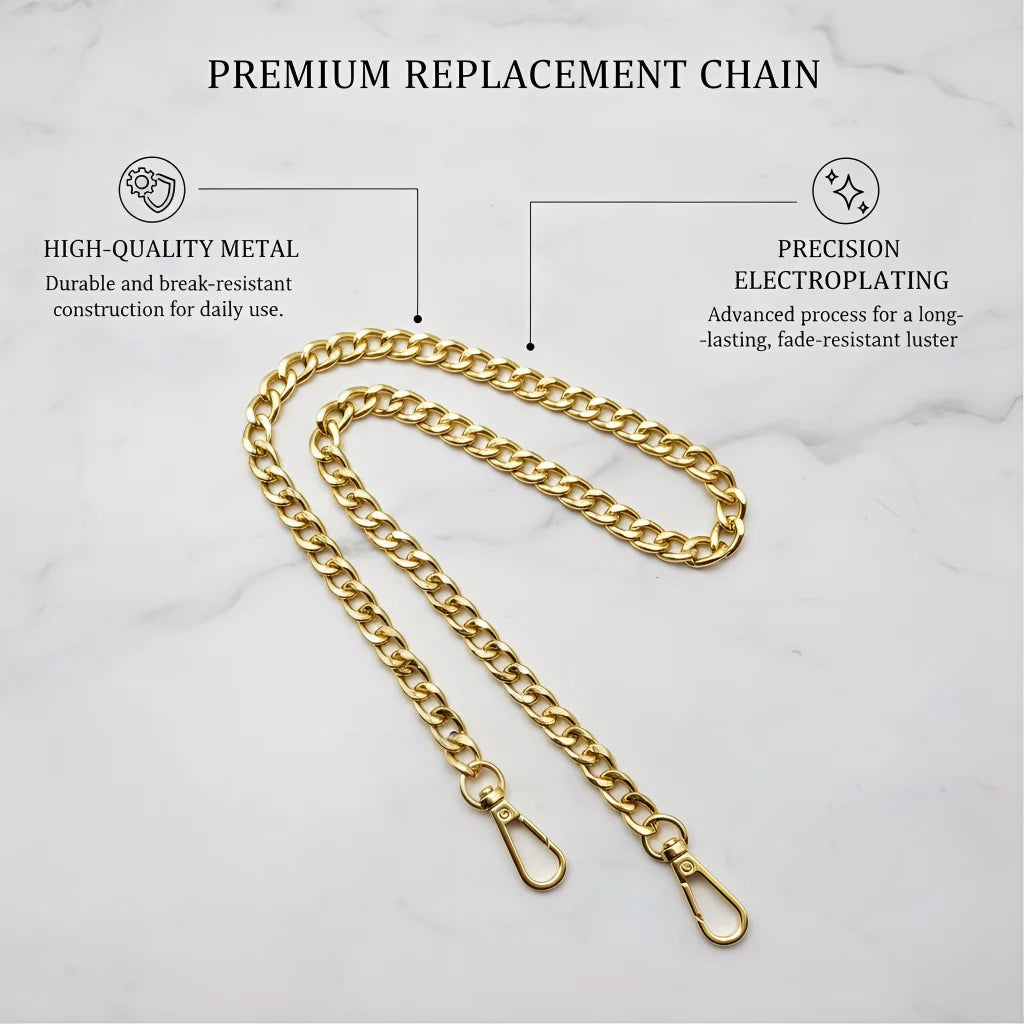 A gold-colored premium replacement chain strap for bags, shown on a white marble background.