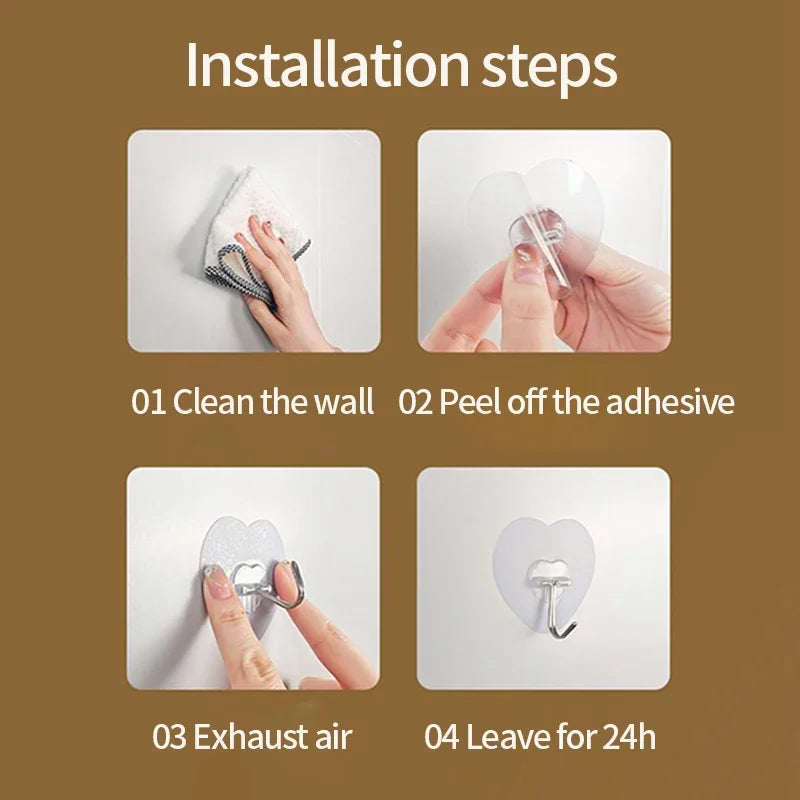 Heart-Shaped Self-Adhesive Hooks (Set of 6) – No-Drill, Multi-Purpose Transparent Hangers