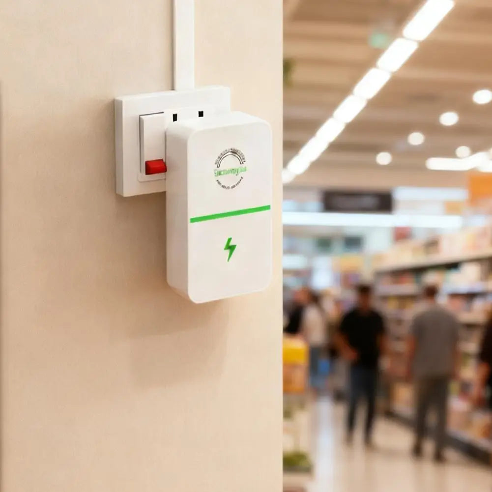 A white voltage stabilizer and energy saver plug mounted on a wall, ready for use with home appliances.