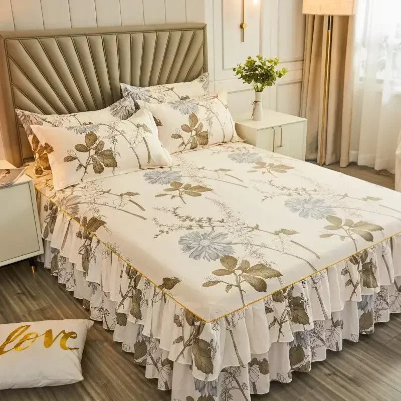 Floral Bed Skirt Set with Anti-Slip Mattress Cover