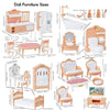 A collection of miniature dollhouse furniture including beds, cabinets, toilets, sinks, and chairs in light wood tones.