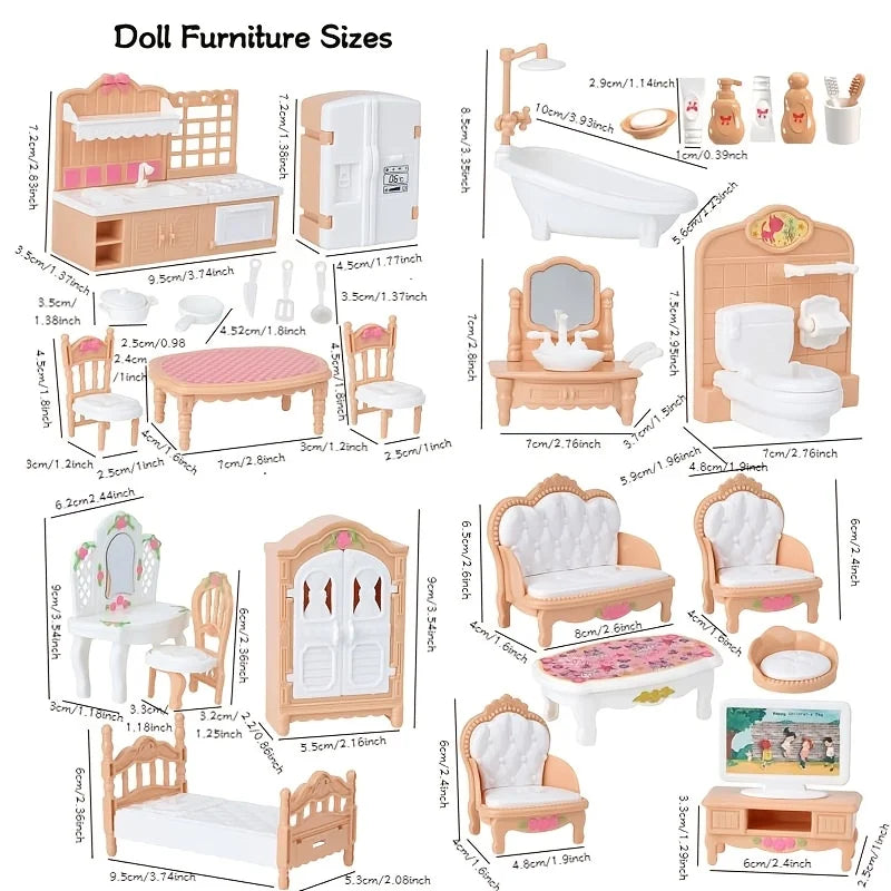 A collection of miniature dollhouse furniture including beds, cabinets, toilets, sinks, and chairs in light wood tones.
