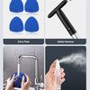 Set of extendable car windshield cleaner including safety hammer, reusable and washable pads, and a larger spray bottle