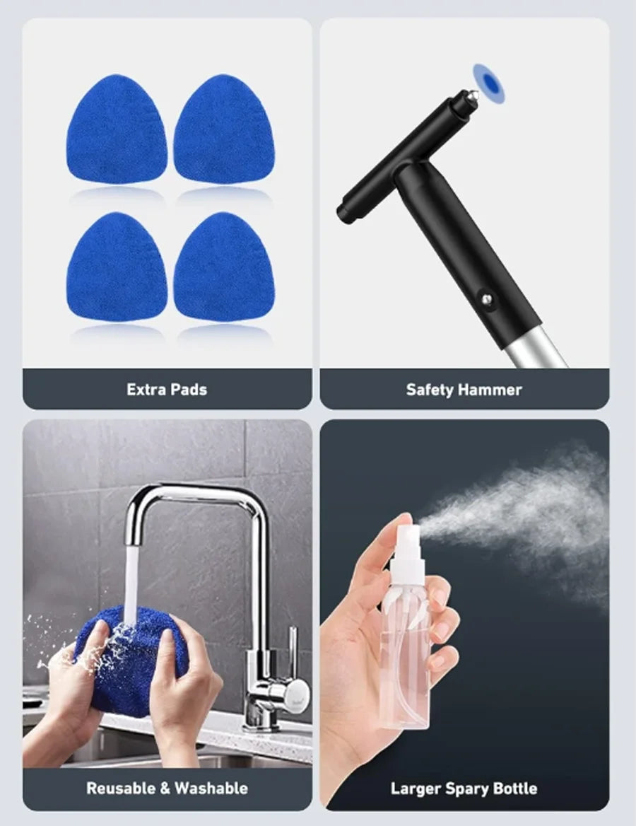 Set of extendable car windshield cleaner including safety hammer, reusable and washable pads, and a larger spray bottle