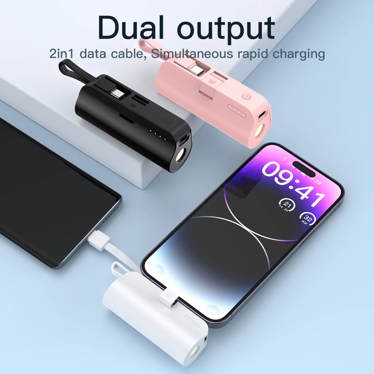 Pocket-Size 5000mAh Power Bank with Built-in Cable, LED Light & Phone Stand
