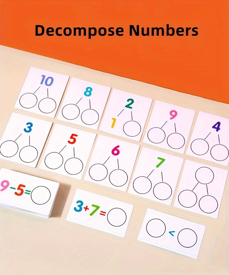 A set of cards showing various decomposition and arithmetic problems for teaching numbers to children.