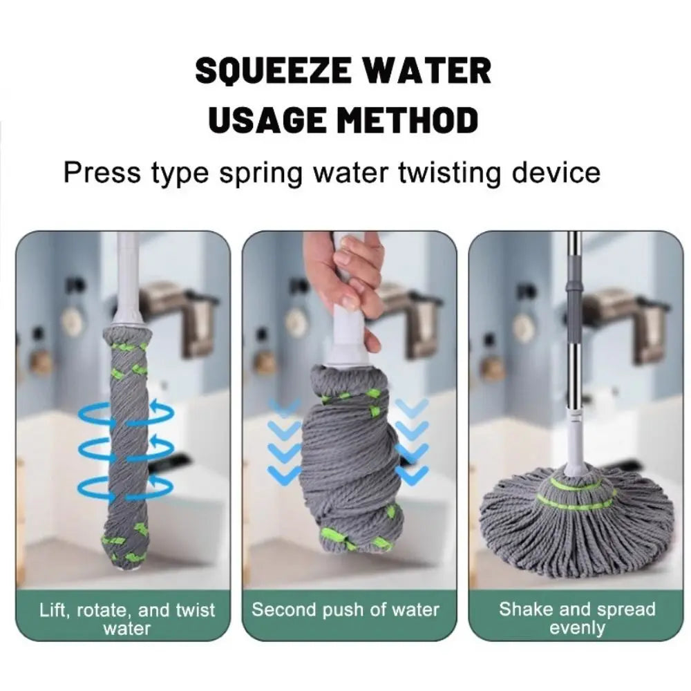 Demonstration of the squeeze water usage method for a press type spring water twisting device used with a mop.