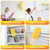 Four images showing various cleaning tasks like ceiling, shelf, bookshelf, and blind cleaning using yellow microfiber duster 