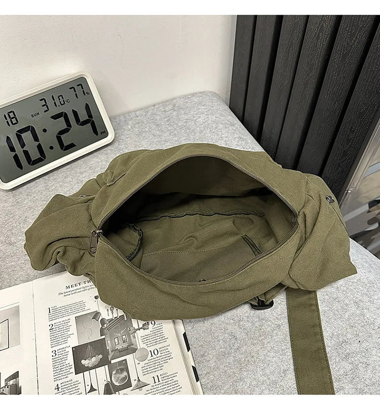 Cotton Canvas Crossbody Bag with Large Capacity