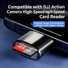 A compact dual-interface memory card reader is shown next to a smartphone, highlighting its compatibility with a high-speed c