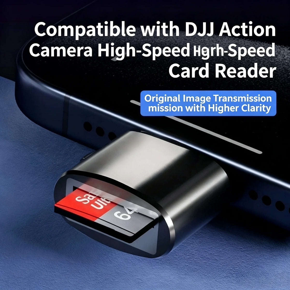 A compact dual-interface memory card reader is shown next to a smartphone, highlighting its compatibility with a DJJ Action c