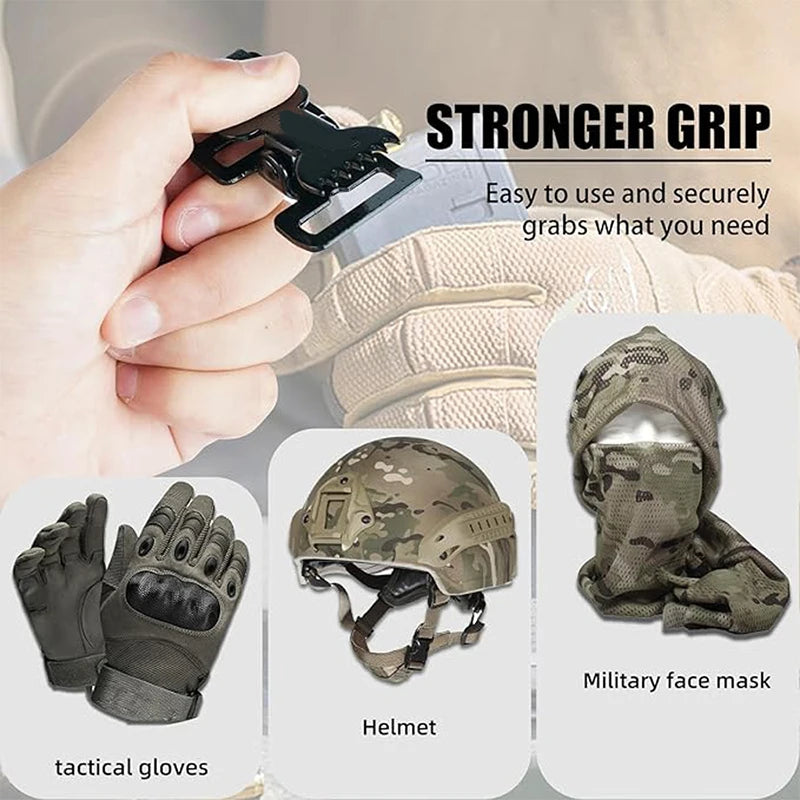 A hand is shown using a black clip to secure a tactical glove onto a carabiner for a stronger grip.