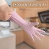 A hand wearing a pink reusable non-slip rubber glove demonstrating excellent elasticity.