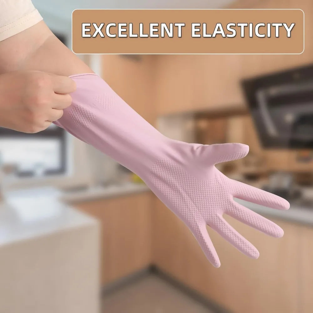 A hand wearing a pink reusable non-slip rubber glove demonstrating excellent elasticity.