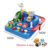 A blue interactive racing rail set featuring train, animal, and space rocket designs with a red track.