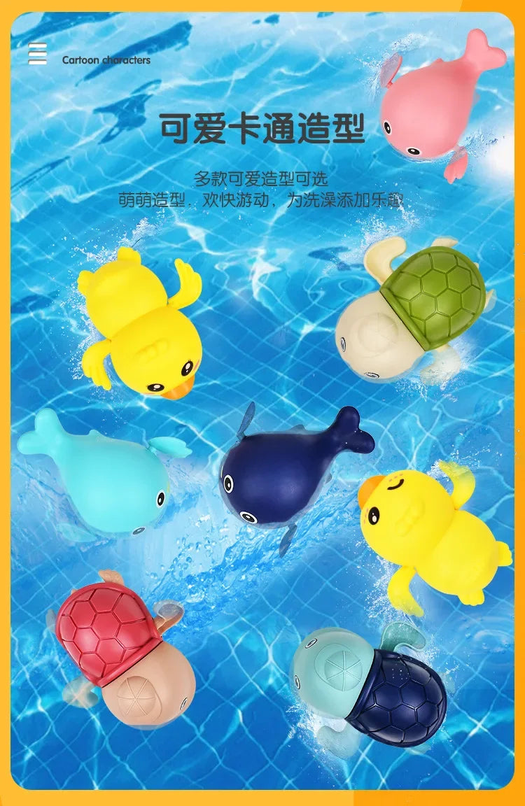 A set of colorful cartoon bath toys including turtles, ducks, and whales floating in blue water.