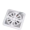A clear, square mesh drain hair catcher sticker with a red indicator mark.