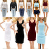 A collection of fashion doll clothing sets featuring various styles and colors including tops, bottoms, and dresses.