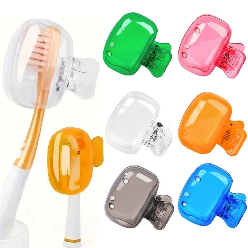 A collection of various colored portable electric toothbrush head covers and brush heads.