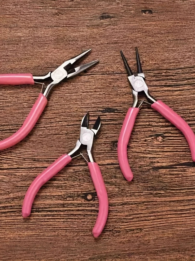 Pink Jewelry Pliers Tool Kit with Needle, Round Wire Cutter, and Curved Nose Pliers