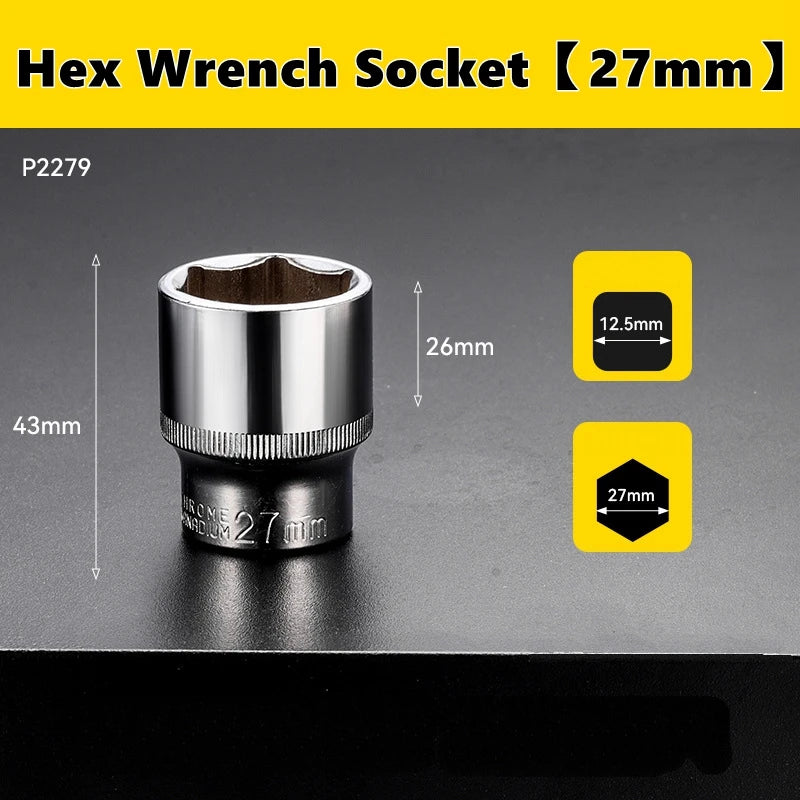 A close-up view of a 27mm hex wrench socket with a 12.5mm and 27mm size indicator on a dark surface.