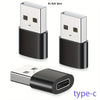 Three silver USB-C to USB adapter plugs are shown, including a standalone adapter and two adapters with black casings.