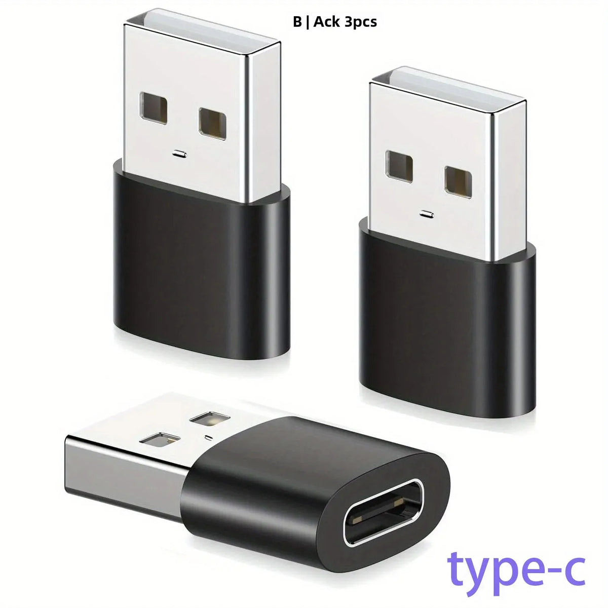 Three silver USB-C to USB adapter plugs are shown, including a standalone adapter and two adapters with black casings.