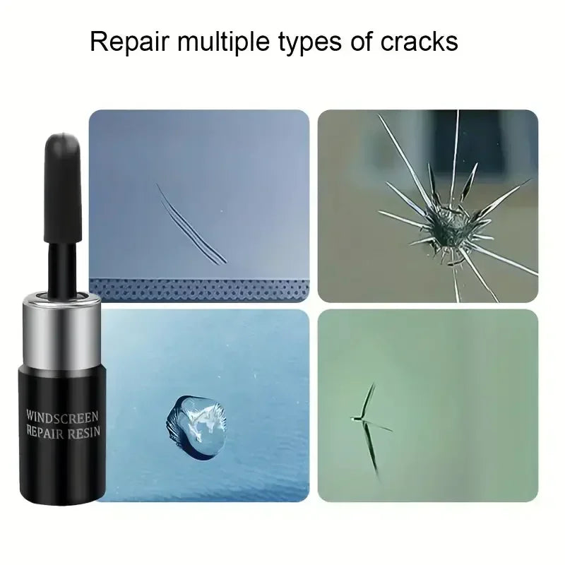 A kit for repairing multiple types of cracks in windshield glass, shown alongside various crack examples.