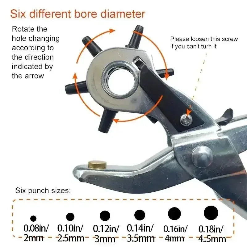 Rotary Leather Hole Punch Pliers - 6 Interchangeable Sizes
