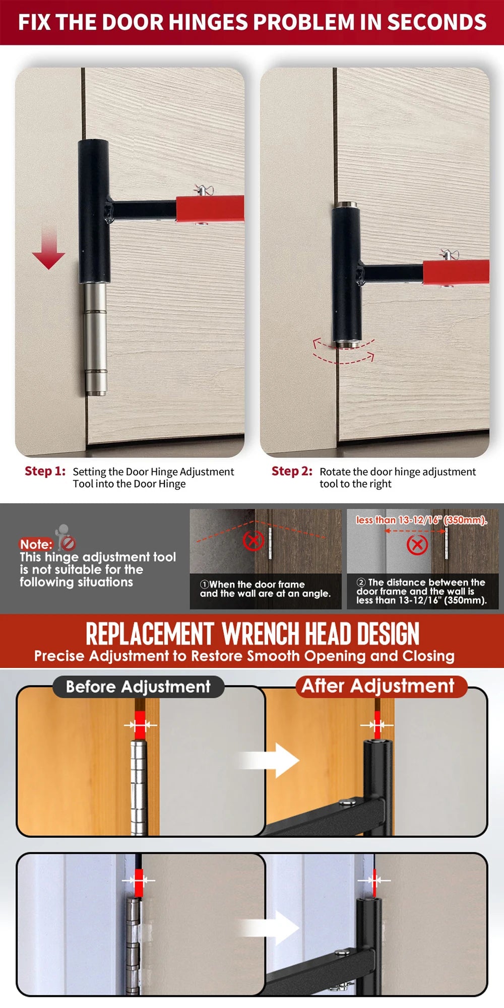 Precision Door Hinge Wrench Kit with Interchangeable Heads