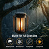 An outdoor hanging lantern with a flickering flame is shown in the rain, emphasizing its waterproof and seasonal durability.