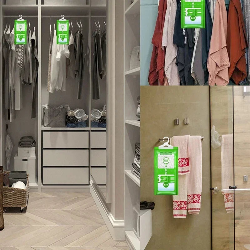 A closet interior showing hanging moisture absorber bags for clothes and cabinets.