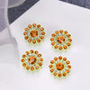 Five clusters of multicolor flower rhinestones with orange and clear stones arranged on a white surface.