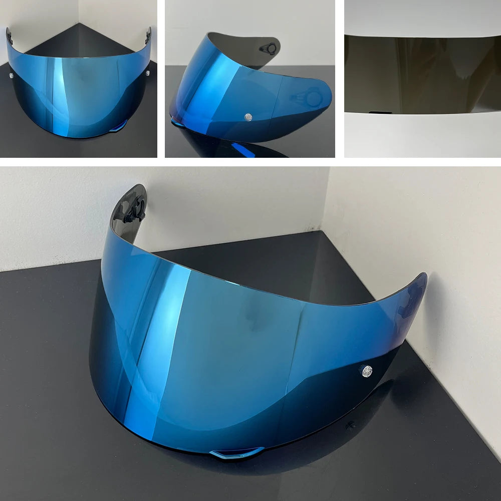 A blue replacement helmet visor with an anti-fog coating shown in various angles.