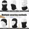 Various wearing methods of a black floral balaclava face mask including a headband, neck gater, and bandana.