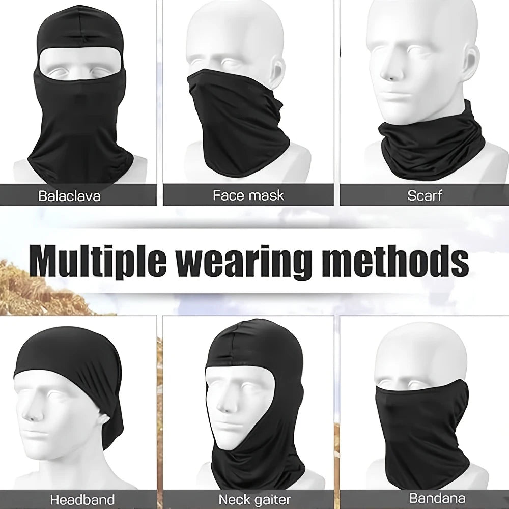 Various wearing methods of a black floral balaclava face mask including a headband, neck gater, and bandana.