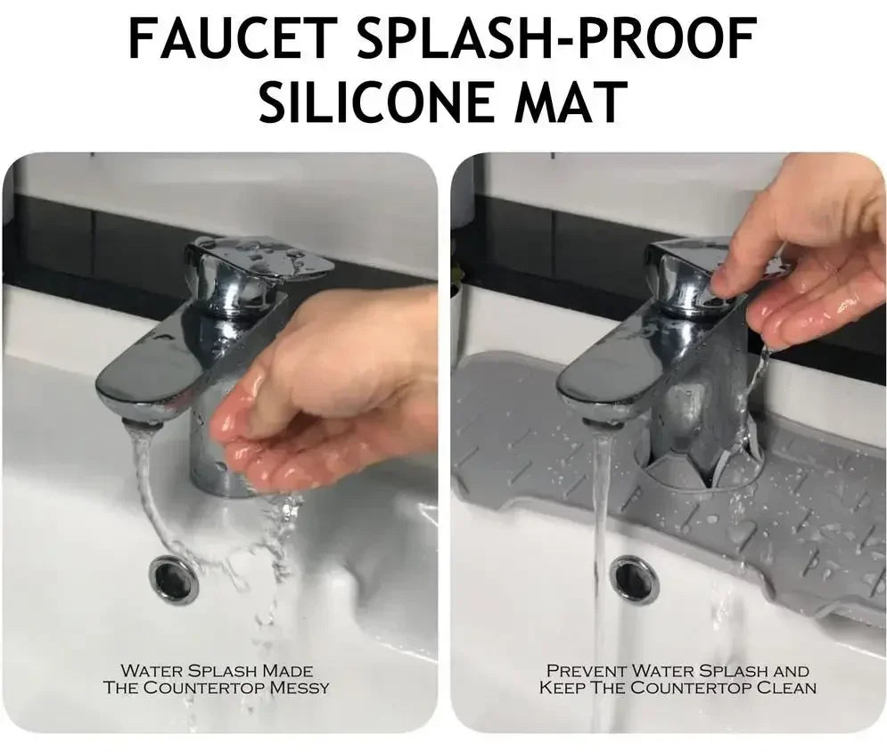 A silicone mat designed to prevent water splash and keep the countertop clean, shown in use near a faucet.