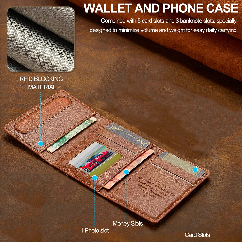 Brown leather wallet and phone case showing various card slots and an RFID blocking material